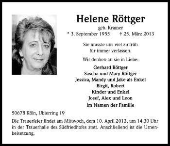 Anzeige von Helene Röttger von Kölner Stadt-Anzeiger / Kölnische Rundschau / Express