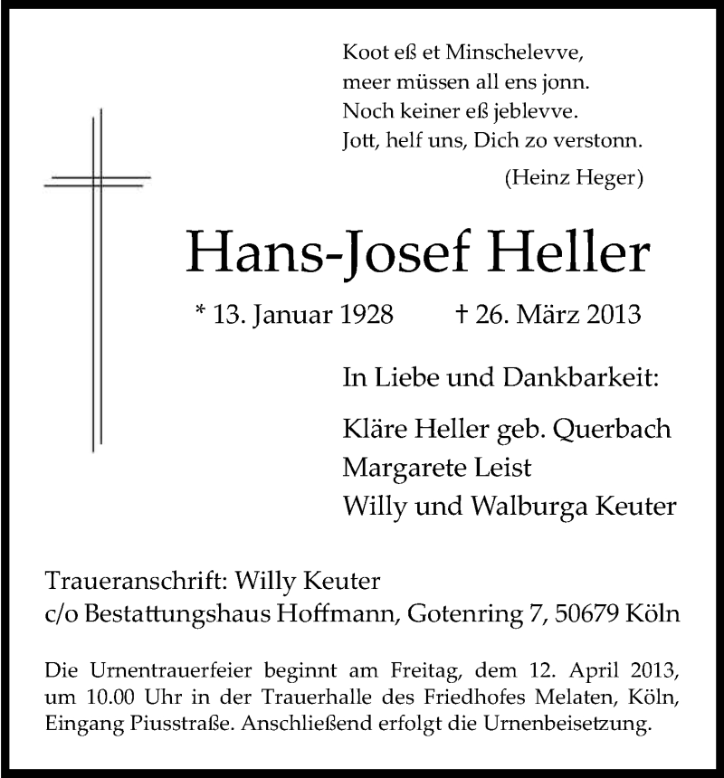  Traueranzeige für Hans-Josef Heller vom 06.04.2013 aus Kölner Stadt-Anzeiger / Kölnische Rundschau / Express