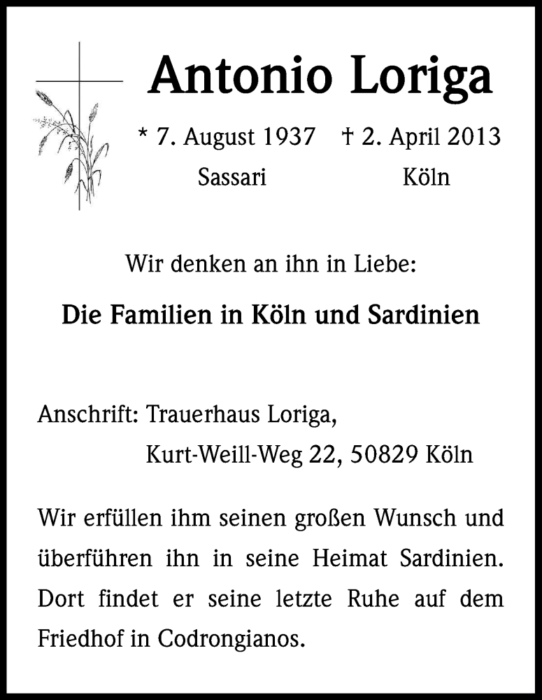  Traueranzeige für Antonio Loriga vom 06.04.2013 aus Kölner Stadt-Anzeiger / Kölnische Rundschau / Express