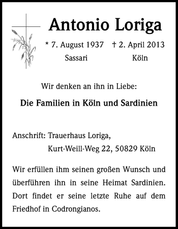Anzeige von Antonio Loriga von Kölner Stadt-Anzeiger / Kölnische Rundschau / Express