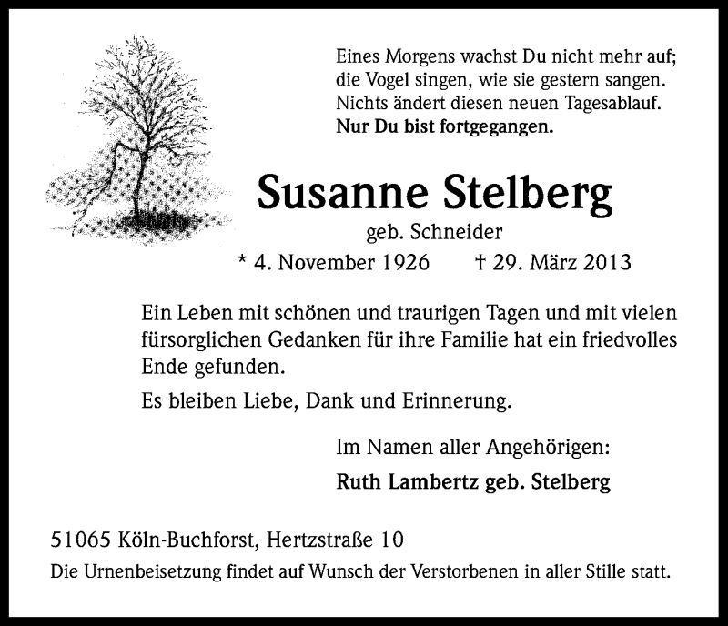  Traueranzeige für Susanne Stelberg vom 06.04.2013 aus Kölner Stadt-Anzeiger / Kölnische Rundschau / Express