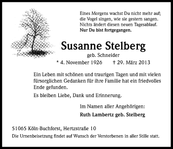 Anzeige von Susanne Stelberg von Kölner Stadt-Anzeiger / Kölnische Rundschau / Express