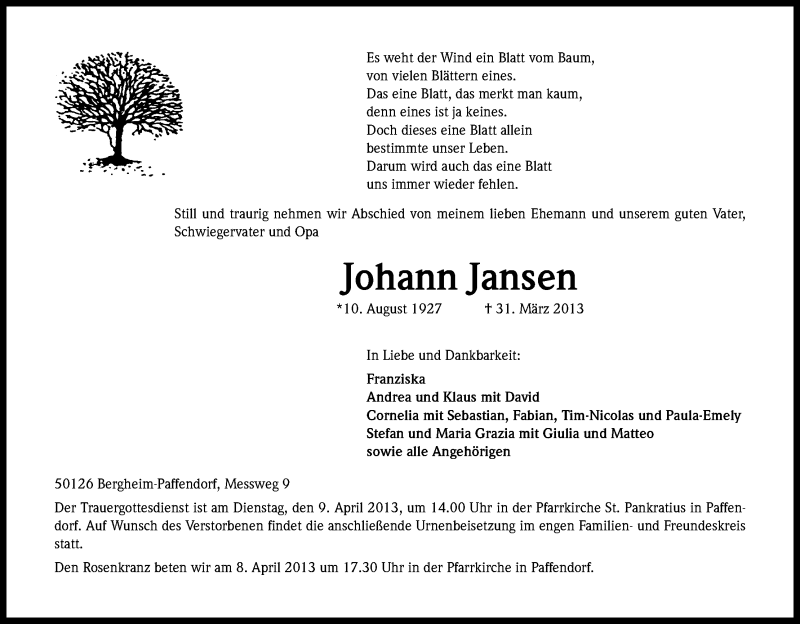  Traueranzeige für Johann Jansen vom 06.04.2013 aus Kölner Stadt-Anzeiger / Kölnische Rundschau / Express