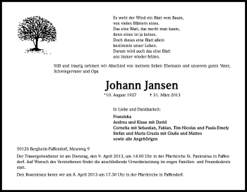 Anzeige von Johann Jansen von Kölner Stadt-Anzeiger / Kölnische Rundschau / Express