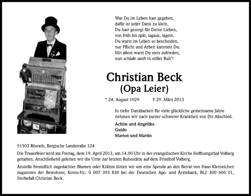  Traueranzeige für Christian Beck vom 13.04.2013 aus Kölner Stadt-Anzeiger / Kölnische Rundschau / Express