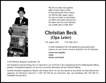 Anzeige von Christian Beck von Kölner Stadt-Anzeiger / Kölnische Rundschau / Express