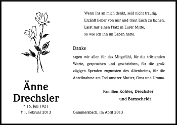 Anzeige von Änne Drechsler von Kölner Stadt-Anzeiger / Kölnische Rundschau / Express