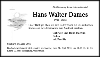 Anzeige von Walter Dames von Kölner Stadt-Anzeiger / Kölnische Rundschau / Express