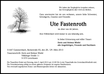 Anzeige von Ute Fastenroth von Kölner Stadt-Anzeiger / Kölnische Rundschau / Express