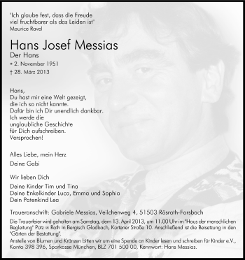Anzeige von Hans Josef Messias von Kölner Stadt-Anzeiger / Kölnische Rundschau / Express