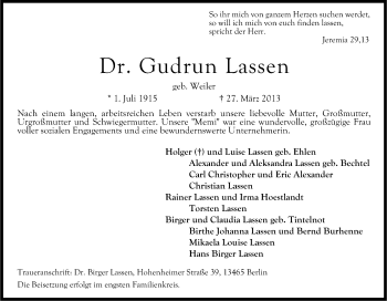 Anzeige von Gudrun Lassen von Kölner Stadt-Anzeiger / Kölnische Rundschau / Express
