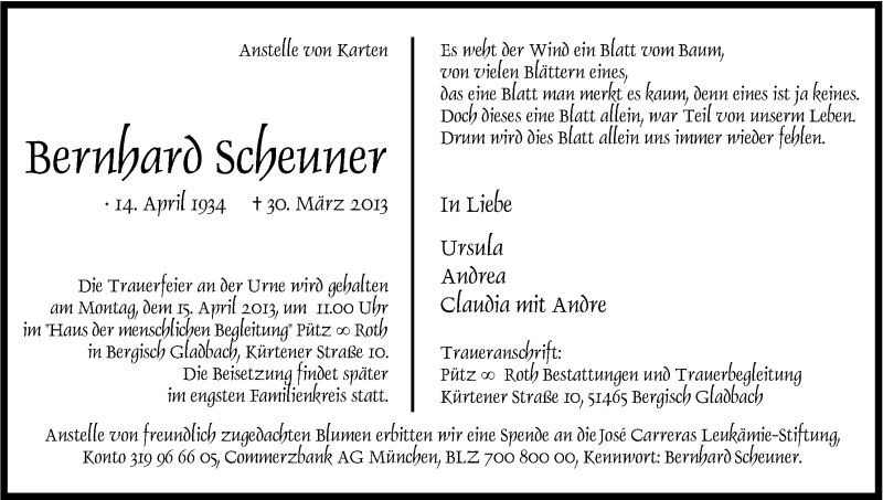  Traueranzeige für Bernhard Scheuner vom 06.04.2013 aus Kölner Stadt-Anzeiger / Kölnische Rundschau / Express