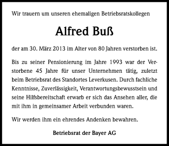 Anzeige von Alfred Buß von Kölner Stadt-Anzeiger / Kölnische Rundschau / Express