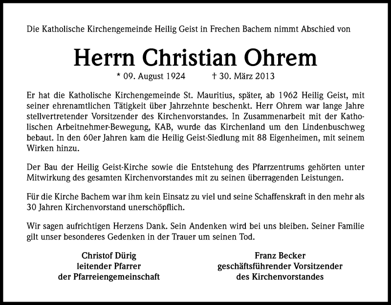  Traueranzeige für Christian Ohrem vom 05.04.2013 aus Kölner Stadt-Anzeiger / Kölnische Rundschau / Express