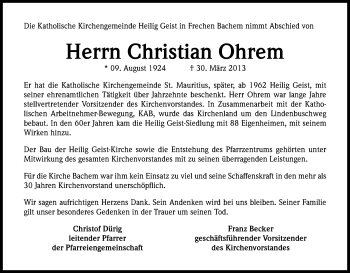 Anzeige von Christian Ohrem von Kölner Stadt-Anzeiger / Kölnische Rundschau / Express