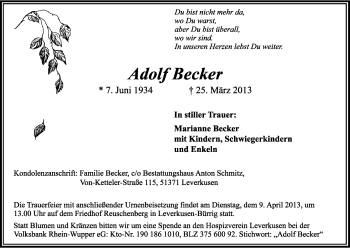 Anzeige von Adolf Becker von Kölner Stadt-Anzeiger / Kölnische Rundschau / Express
