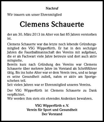 Anzeige von Clemens Schauerte von Kölner Stadt-Anzeiger / Kölnische Rundschau / Express