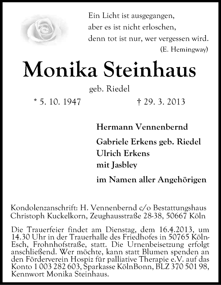  Traueranzeige für Monika Steinhaus vom 10.04.2013 aus Kölner Stadt-Anzeiger / Kölnische Rundschau / Express