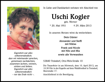 Anzeige von Uschi Kogler von Kölner Stadt-Anzeiger / Kölnische Rundschau / Express