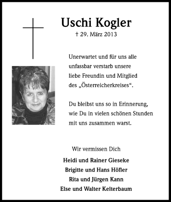 Anzeige von Uschi Kogler von Kölner Stadt-Anzeiger / Kölnische Rundschau / Express