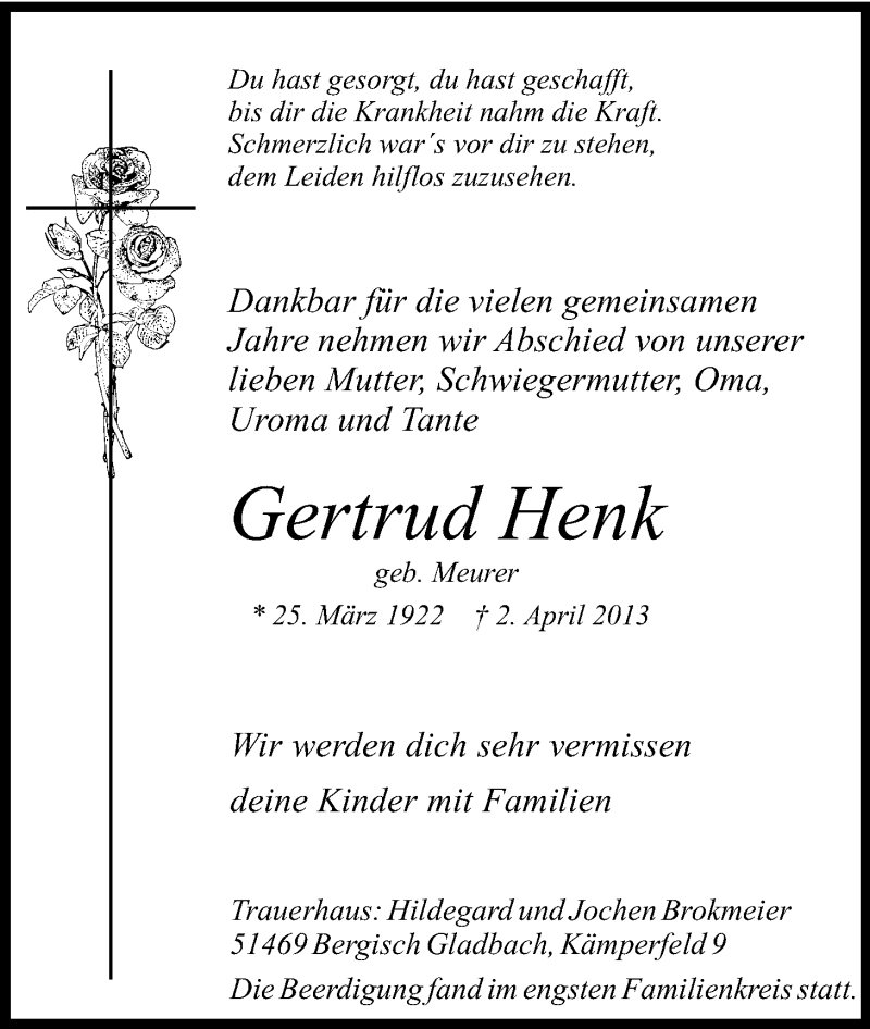  Traueranzeige für Gertrud Henk vom 06.04.2013 aus Kölner Stadt-Anzeiger / Kölnische Rundschau / Express