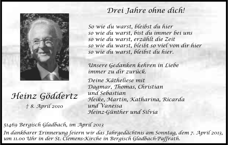  Traueranzeige für Heinz Göddertz vom 06.04.2013 aus Kölner Stadt-Anzeiger / Kölnische Rundschau / Express