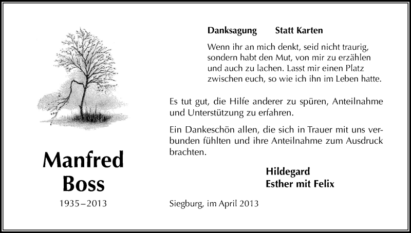  Traueranzeige für Manfred Boss vom 06.04.2013 aus Kölner Stadt-Anzeiger / Kölnische Rundschau / Express