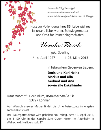 Anzeige von Ursula Fitzek von Kölner Stadt-Anzeiger / Kölnische Rundschau / Express