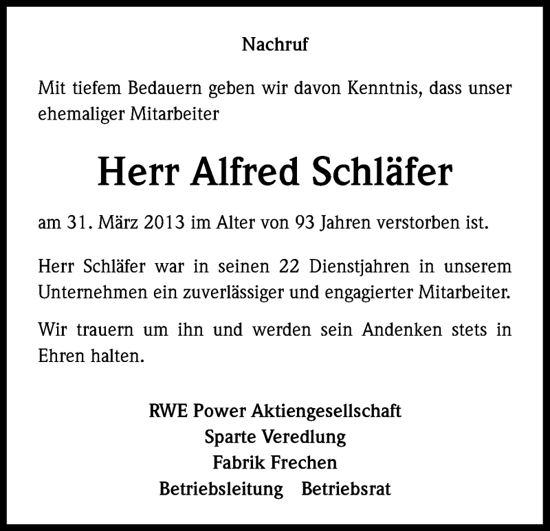  Traueranzeige für Alfred Schäfer vom 08.04.2013 aus Kölner Stadt-Anzeiger / Kölnische Rundschau / Express