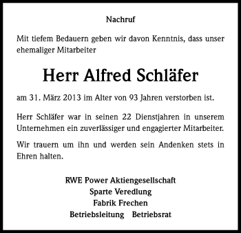 Anzeige von Alfred Schäfer von Kölner Stadt-Anzeiger / Kölnische Rundschau / Express