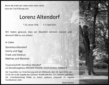 Anzeige von Lorenz Altendorf von Kölner Stadt-Anzeiger / Kölnische Rundschau / Express
