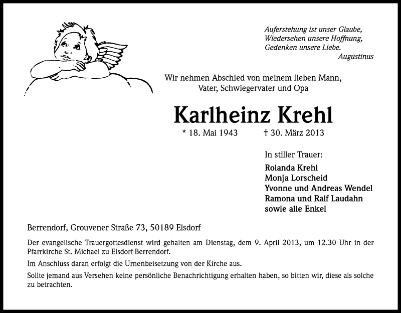  Traueranzeige für Karlheinz Krehl vom 06.04.2013 aus Kölner Stadt-Anzeiger / Kölnische Rundschau / Express