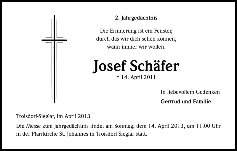  Traueranzeige für Schäfer Josef vom 06.04.2013 aus Kölner Stadt-Anzeiger / Kölnische Rundschau / Express
