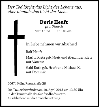 Anzeige von Doris Heuft von Kölner Stadt-Anzeiger / Kölnische Rundschau / Express