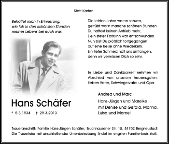 Anzeige von Hans Schäfer von Kölner Stadt-Anzeiger / Kölnische Rundschau / Express