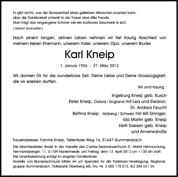 Anzeige von Karl Kneip von Kölner Stadt-Anzeiger / Kölnische Rundschau / Express