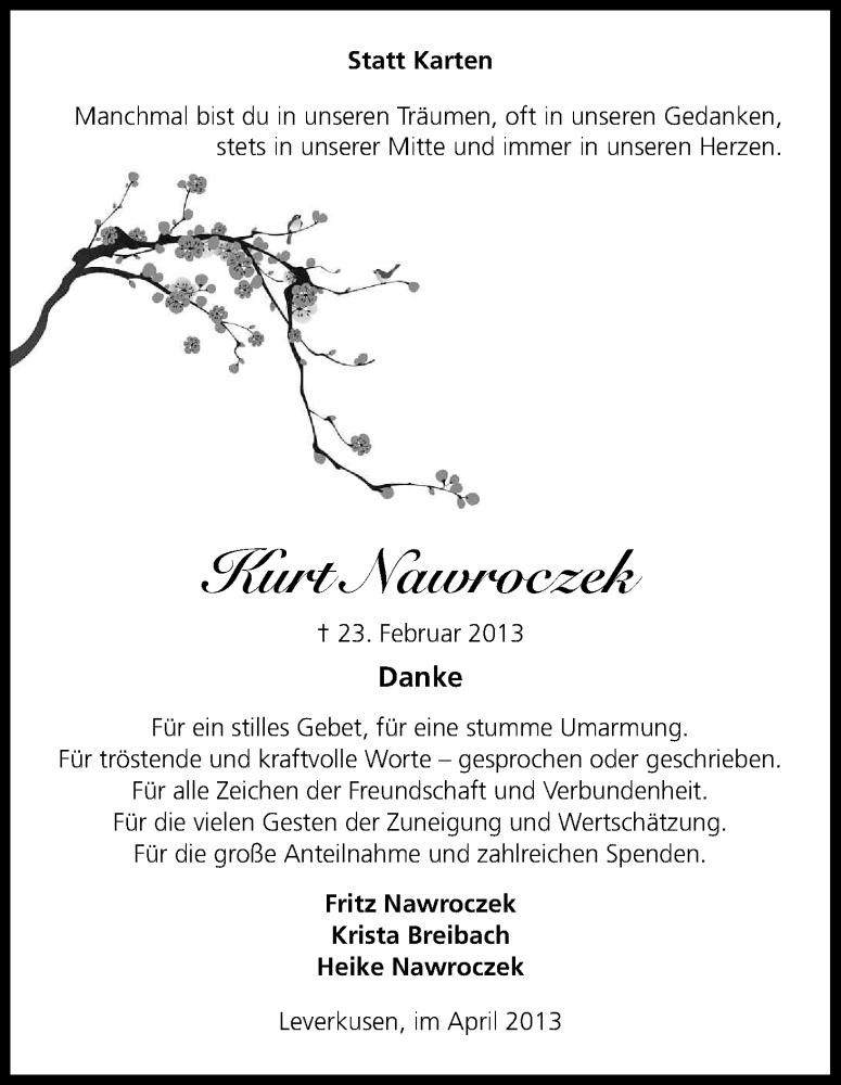  Traueranzeige für Kurt Nawroczek vom 06.04.2013 aus Kölner Stadt-Anzeiger / Kölnische Rundschau / Express
