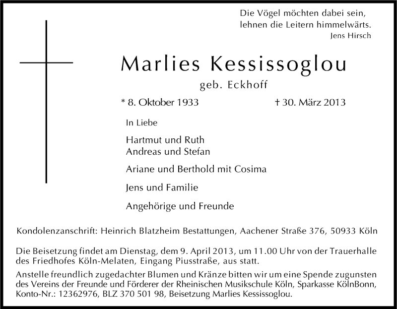  Traueranzeige für Marlies Kessissoglou vom 06.04.2013 aus Kölner Stadt-Anzeiger / Kölnische Rundschau / Express