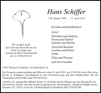 Anzeige von Hans Schiffer von Kölner Stadt-Anzeiger / Kölnische Rundschau / Express
