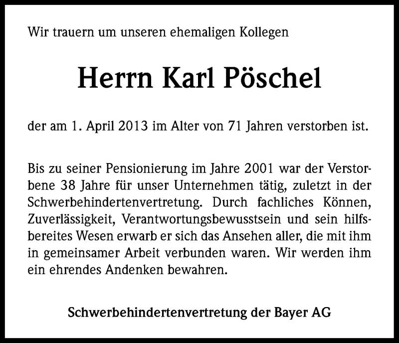  Traueranzeige für Karl Pöschel vom 06.04.2013 aus Kölner Stadt-Anzeiger / Kölnische Rundschau / Express