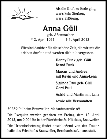 Anzeige von Anna Güll von Kölner Stadt-Anzeiger / Kölnische Rundschau / Express