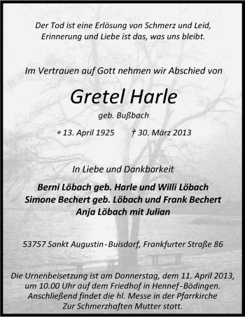 Anzeige von Grete Harle von Kölner Stadt-Anzeiger / Kölnische Rundschau / Express
