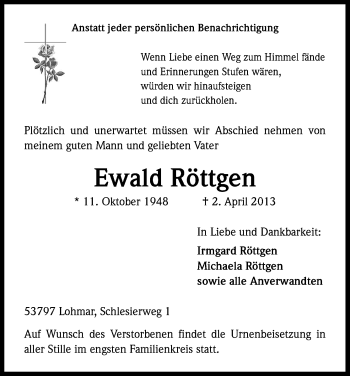 Anzeige von Ewald Röttgen von Kölner Stadt-Anzeiger / Kölnische Rundschau / Express