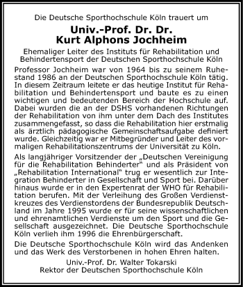 Anzeige von Kurt Alfons  Jochheim von Kölner Stadt-Anzeiger / Kölnische Rundschau / Express