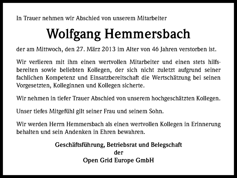  Traueranzeige für Wolfgang Hemmersbach vom 06.04.2013 aus Kölner Stadt-Anzeiger / Kölnische Rundschau / Express