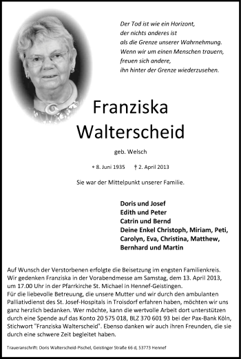 Anzeige von Franziska Walterscheid von Kölner Stadt-Anzeiger / Kölnische Rundschau / Express