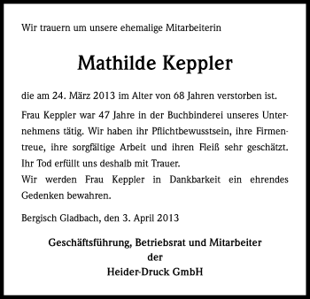 Anzeige von Mathilde Keppler von Kölner Stadt-Anzeiger / Kölnische Rundschau / Express