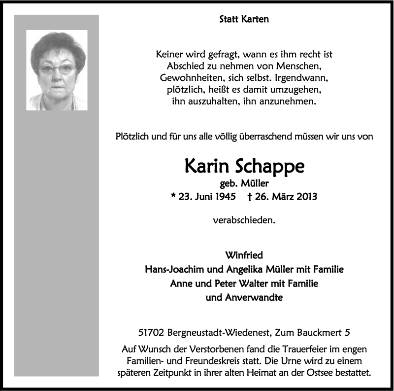  Traueranzeige für Karin Schappe vom 06.04.2013 aus Kölner Stadt-Anzeiger / Kölnische Rundschau / Express