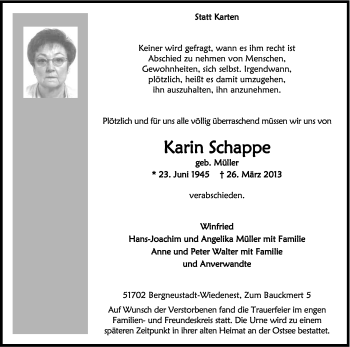 Anzeige von Karin Schappe von Kölner Stadt-Anzeiger / Kölnische Rundschau / Express