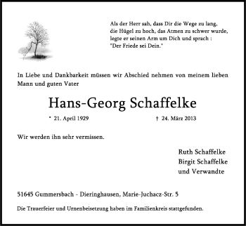 Anzeige von Hans-Georg Schaffelke von Kölner Stadt-Anzeiger / Kölnische Rundschau / Express